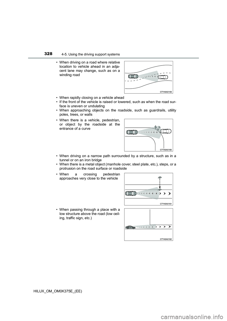 TOYOTA HILUX 2018 Owners Manual 3284-5. Using the driving support systems
HILUX_OM_OM0K375E_(EE)
• When rapidly closing on a vehicle ahead
• If the front of the vehicle is raised or lowered, such as when the road sur-
face is TOYOTA HILUX 2018 Owners Manual 3284-5. Using the driving support systems
HILUX_OM_OM0K375E_(EE)
• When rapidly closing on a vehicle ahead
• If the front of the vehicle is raised or lowered, such as when the road sur-
face is