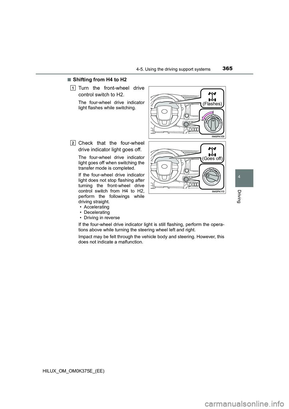 TOYOTA HILUX 2018 Owners Manual 3654-5. Using the driving support systems
4
Driving
HILUX_OM_OM0K375E_(EE)
■Shifting from H4 to H2
Turn the front-wheel drive
control switch to H2.
The four-wheel drive indicator
light flashes w TOYOTA HILUX 2018 Owners Manual 3654-5. Using the driving support systems
4
Driving
HILUX_OM_OM0K375E_(EE)
■Shifting from H4 to H2
Turn the front-wheel drive
control switch to H2.
The four-wheel drive indicator
light flashes w