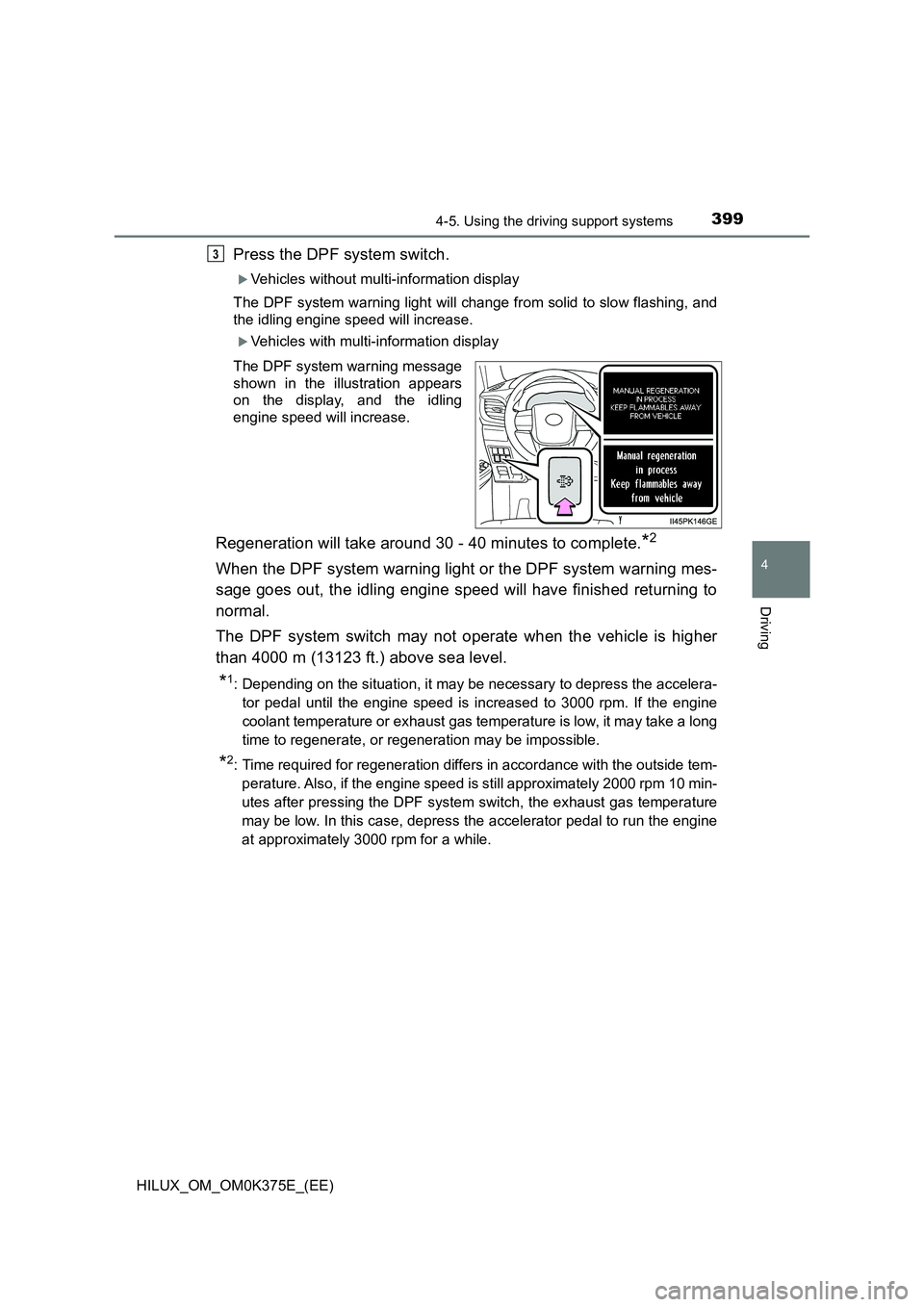 TOYOTA HILUX 2018  Owners Manual 3994-5. Using the driving support systems
4
Driving
HILUX_OM_OM0K375E_(EE)
Press the DPF system switch.
Vehicles without multi-information display 
The DPF system warning light will change from sol