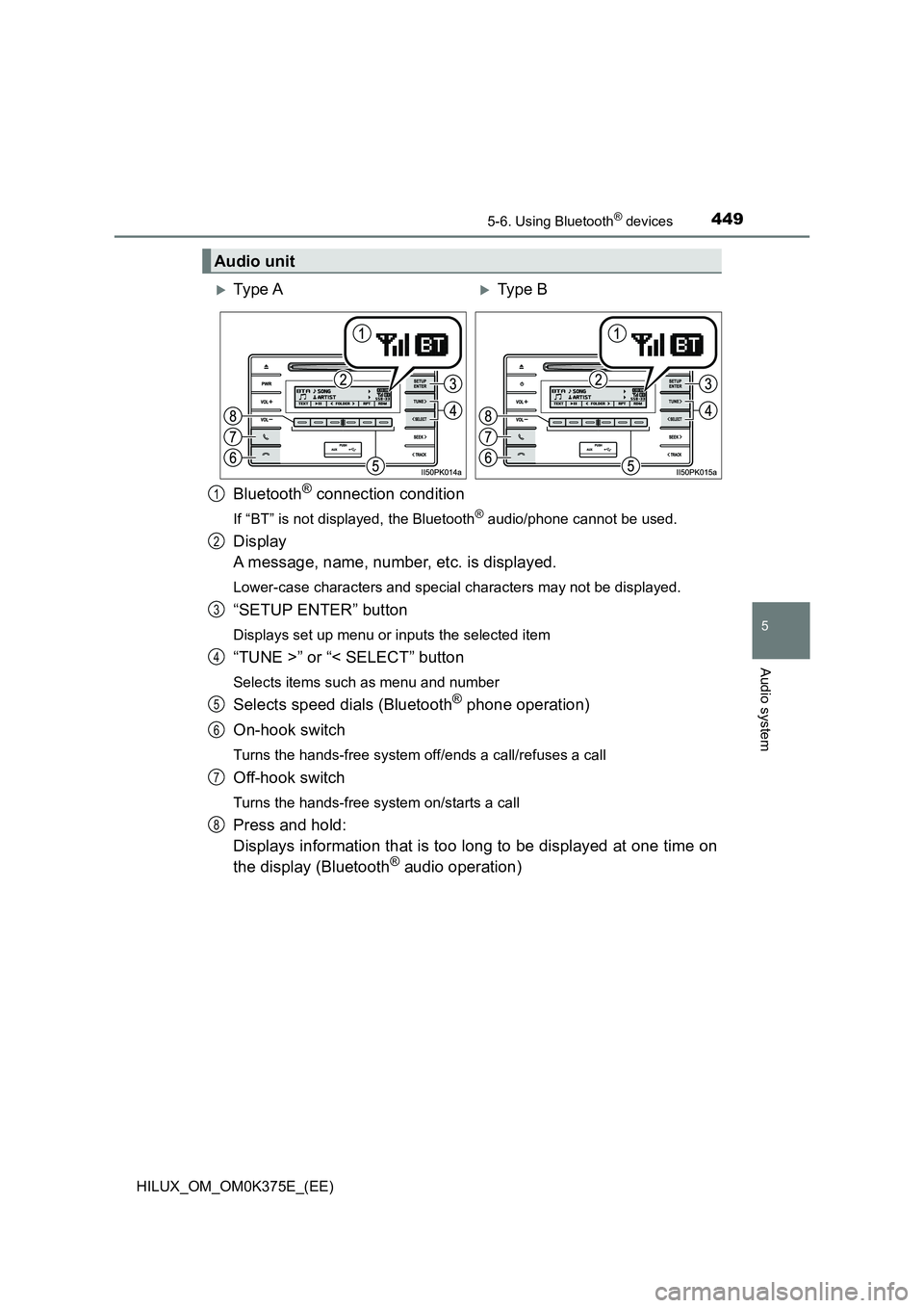 TOYOTA HILUX 2018 Owners Manual 4495-6. Using Bluetooth® devices
5
Audio system
HILUX_OM_OM0K375E_(EE)
Bluetooth® connection condition
If “BT” is not displayed, the Bluetooth® audio/phone cannot be used.
Display
A message, TOYOTA HILUX 2018 Owners Manual 4495-6. Using Bluetooth® devices
5
Audio system
HILUX_OM_OM0K375E_(EE)
Bluetooth® connection condition
If “BT” is not displayed, the Bluetooth® audio/phone cannot be used.
Display
A message,