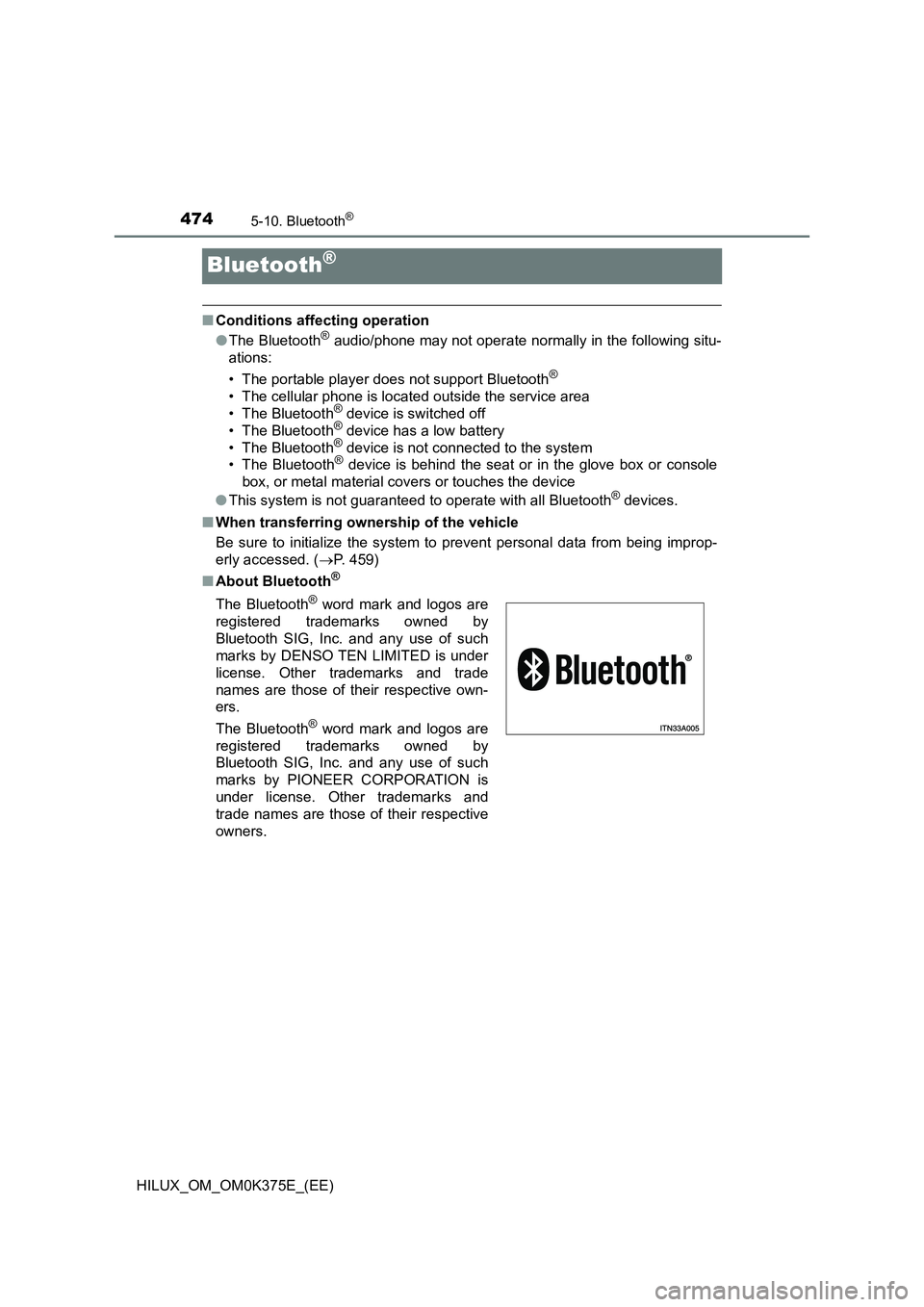 TOYOTA HILUX 2018 Owners Manual 4745-10. Bluetooth®
HILUX_OM_OM0K375E_(EE)
Bluetooth®
■Conditions affecting operation
● The Bluetooth® audio/phone may not operate normally in the following situ-
ations:
• The portable pl TOYOTA HILUX 2018 Owners Manual 4745-10. Bluetooth®
HILUX_OM_OM0K375E_(EE)
Bluetooth®
■Conditions affecting operation
● The Bluetooth® audio/phone may not operate normally in the following situ-
ations:
• The portable pl