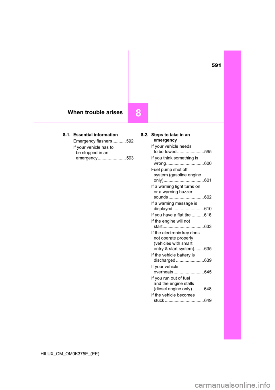 TOYOTA HILUX 2018  Owners Manual 591
8When trouble arises
HILUX_OM_OM0K375E_(EE) 
8-1. Essential information 
Emergency flashers ........... 592 
If your vehicle has to  
be stopped in an 
emergency ....................... 593 
8-2. 