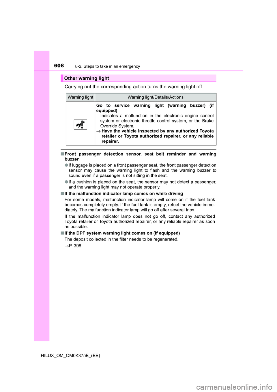 TOYOTA HILUX 2018 Owners Manual 6088-2. Steps to take in an emergency
HILUX_OM_OM0K375E_(EE)
Carrying out the corresponding action turns the warning light off.
■Front passenger detection sensor, seat belt reminder and warning
buz TOYOTA HILUX 2018 Owners Manual 6088-2. Steps to take in an emergency
HILUX_OM_OM0K375E_(EE)
Carrying out the corresponding action turns the warning light off.
■Front passenger detection sensor, seat belt reminder and warning
buz
