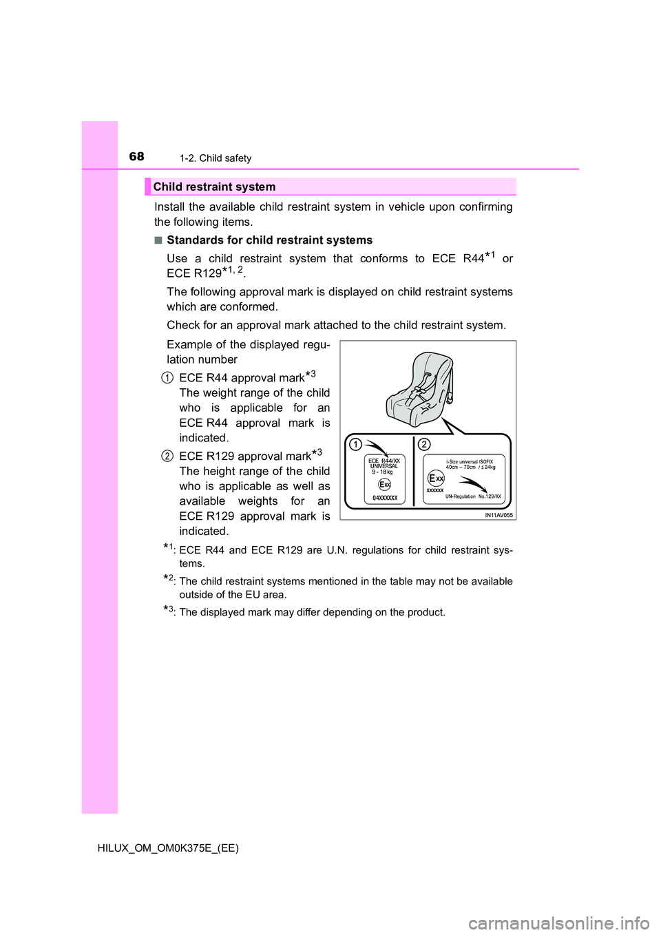 TOYOTA HILUX 2018  Owners Manual 681-2. Child safety
HILUX_OM_OM0K375E_(EE)
Install the available child restraint system in vehicle upon confirming 
the following items.
■Standards for child restraint systems 
Use a child restraint