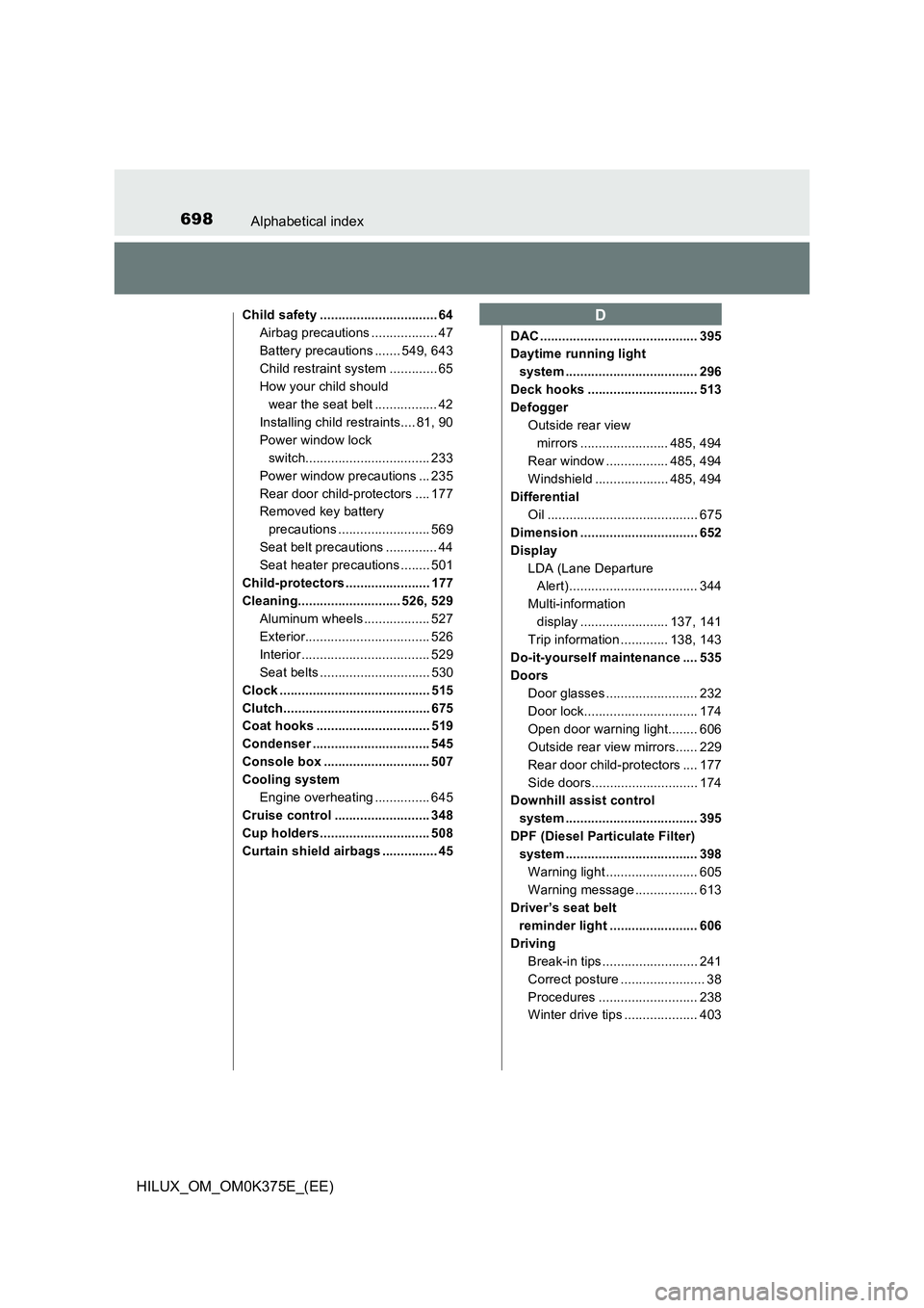 TOYOTA HILUX 2018 Owners Manual 698Alphabetical index
HILUX_OM_OM0K375E_(EE)
Child safety ................................ 64
Airbag precautions .................. 47
Battery precautions ....... 549, 643
Child restraint system .... TOYOTA HILUX 2018 Owners Manual 698Alphabetical index
HILUX_OM_OM0K375E_(EE)
Child safety ................................ 64
Airbag precautions .................. 47
Battery precautions ....... 549, 643
Child restraint system ....