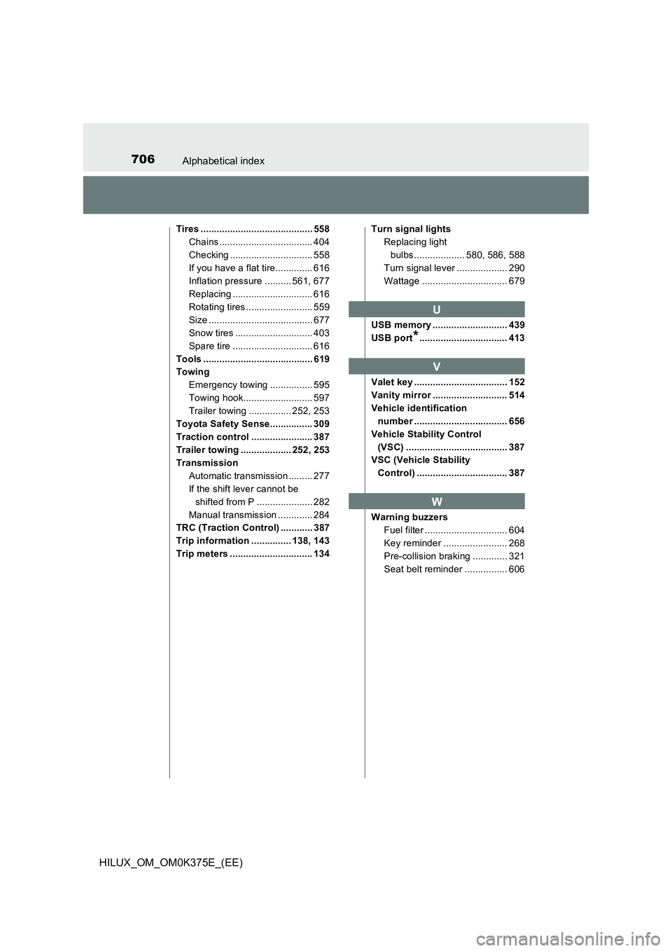 TOYOTA HILUX 2018  Owners Manual 706Alphabetical index
HILUX_OM_OM0K375E_(EE)
Tires .......................................... 558 
Chains ................................... 404
Checking ............................... 558
If you ha