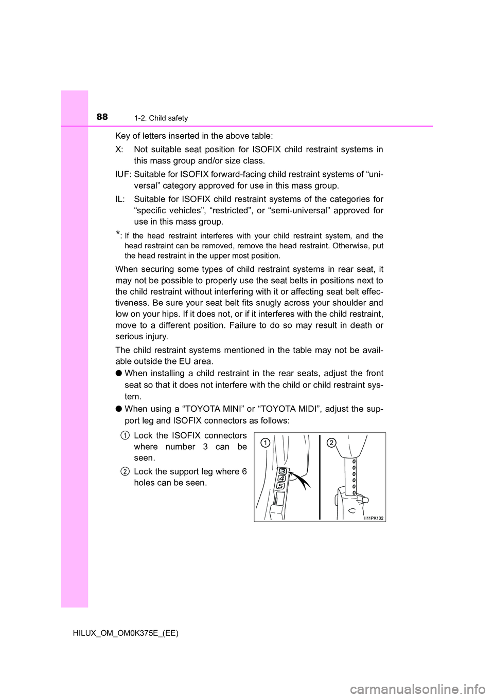 TOYOTA HILUX 2018 Manual Online 881-2. Child safety
HILUX_OM_OM0K375E_(EE)
Key of letters inserted in the above table:
X: Not suitable seat position for ISOFIX child restraint systems in
this mass group and/or size class.
IUF: Su TOYOTA HILUX 2018 Manual Online 881-2. Child safety
HILUX_OM_OM0K375E_(EE)
Key of letters inserted in the above table:
X: Not suitable seat position for ISOFIX child restraint systems in
this mass group and/or size class.
IUF: Su