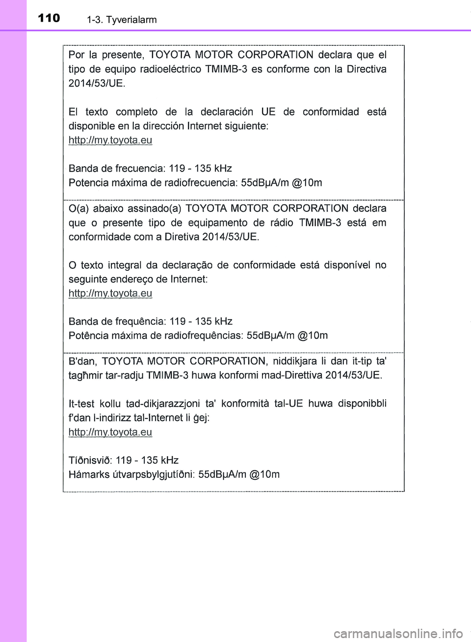 TOYOTA HILUX 2018 Brugsanvisning (in Danish) 1101-3. Tyverialarm
Hilux OM0K375DK
OM0K375DK.book Page 110 Monday, June 11, 2018 3:23 PM TOYOTA HILUX 2018 Brugsanvisning (in Danish) 1101-3. Tyverialarm
Hilux OM0K375DK
OM0K375DK.book Page 110 Monday, June 11, 2018 3:23 PM