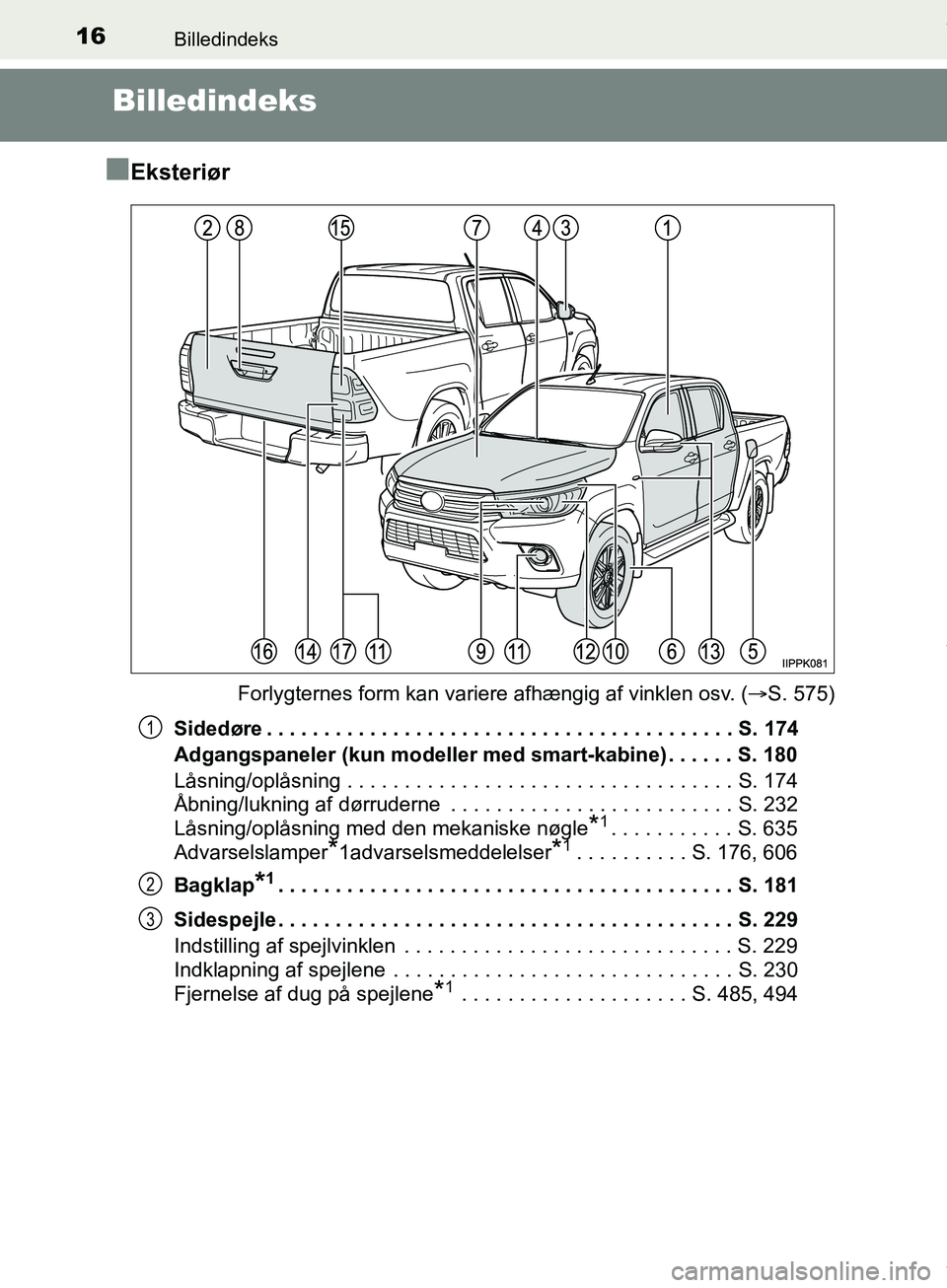 TOYOTA HILUX 2018  Brugsanvisning (in Danish) 16Billedindeks
Hilux OM0K375DK
Billedindeks
n
Eksteriør
Forlygternes form kan variere afhængig af vinklen osv. ( S. 575)
Sidedøre . . . . . . . . . . . . . . . . . . . . . . . . . . . . . . . . 