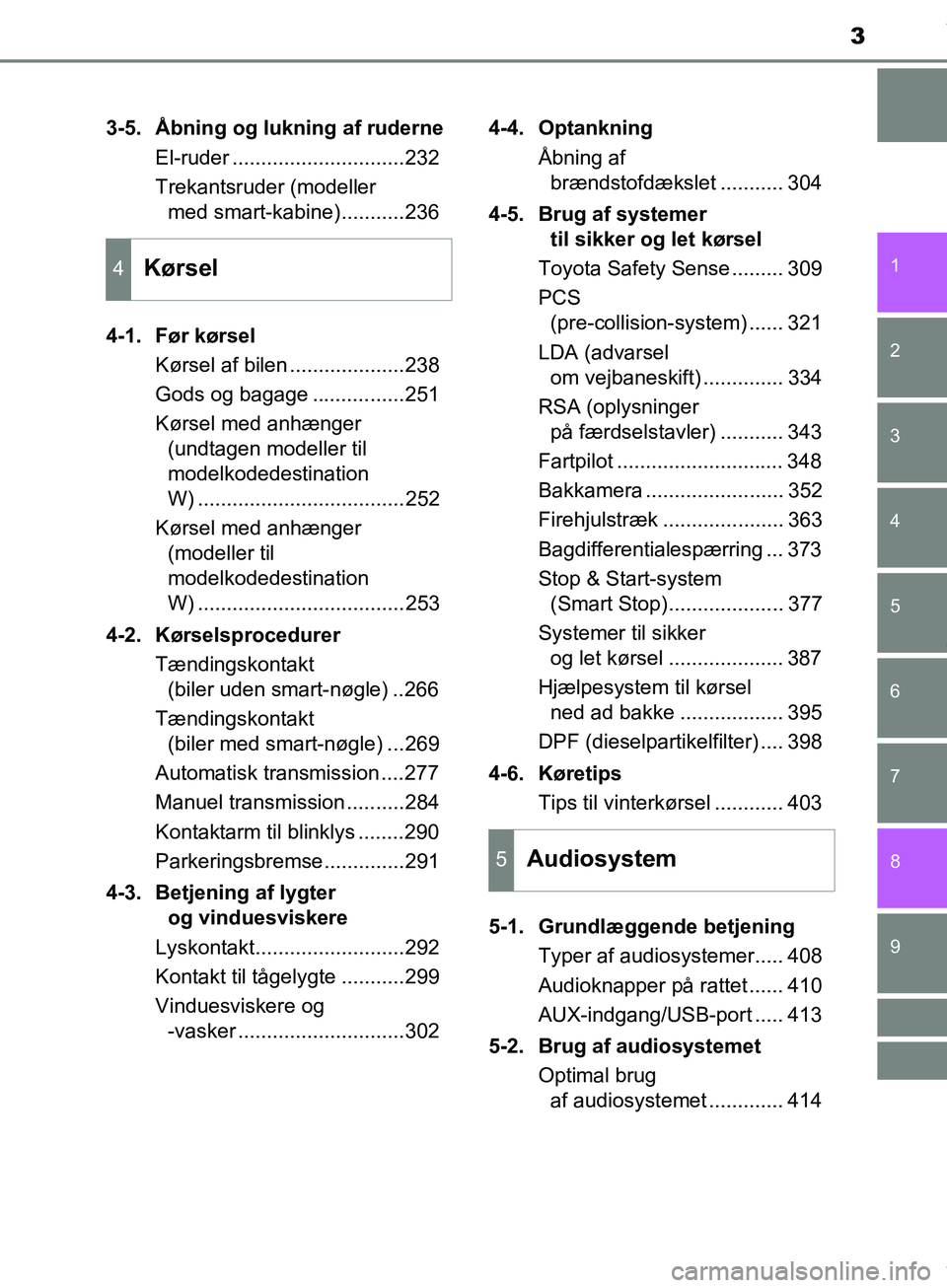 TOYOTA HILUX 2018  Brugsanvisning (in Danish) 3
1
9 8 6 5
4
3
2
Hilux OM0K375DK
7
3-5. Åbning og lukning af ruderneEl-ruder ..............................232
Trekantsruder (modeller med smart-kabine)...........236
4-1. Før kørsel Kørsel af bi