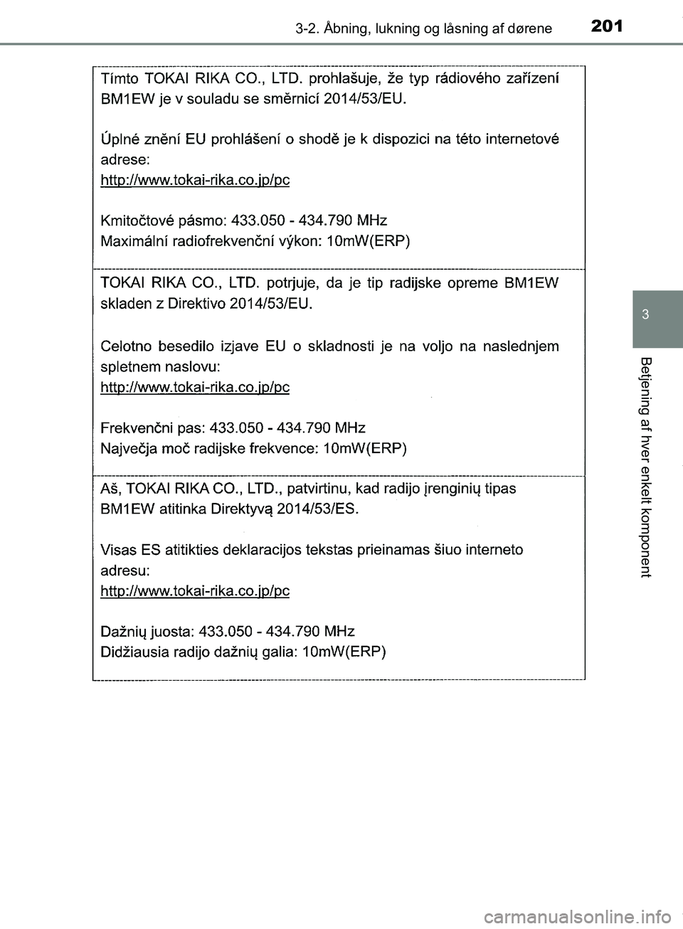 TOYOTA HILUX 2018  Brugsanvisning (in Danish) 2013-2. Åbning, lukning og låsning af dørene
3
Betjening af hver enkelt komponent
Hilux OM0K375DK
OM0K375DK.book  Page 201  Monday, June 11, 2018  3:23 PM 
