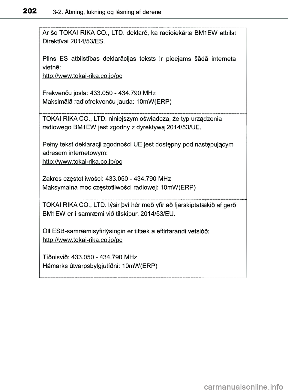 TOYOTA HILUX 2018  Brugsanvisning (in Danish) 2023-2. Åbning, lukning og låsning af dørene
Hilux OM0K375DK
OM0K375DK.book  Page 202  Monday, June 11, 2018  3:23 PM 