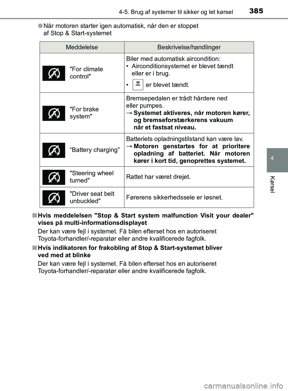 TOYOTA HILUX 2018  Brugsanvisning (in Danish) 3854-5. Brug af systemer til sikker og let kørsel
4
Kørsel
Hilux OM0K375DKl
Når motoren starter igen automatisk, når den er stoppet 
af Stop & Start-systemet
n Hvis meddelelsen "Stop & Start syste