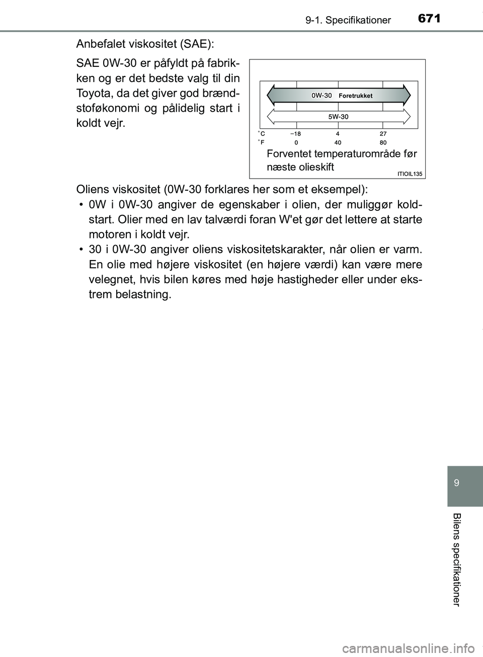 TOYOTA HILUX 2018  Brugsanvisning (in Danish) 671
9
9-1. Specifikationer
Bilens specifikationer
Hilux OM0K375DK
Anbefalet viskositet (SAE):
SAE 0W-30 er påfyldt på fabrik-
ken og er det bedste valg til din
Toyota, da det giver god brænd-
stof