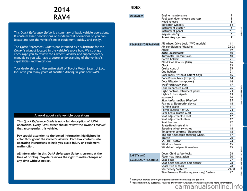 TOYOTA RAV4 2014 XA40 / 4.G Quick Reference Guide OVERVIEW
FEATURES/OPERATIONS
SAFETY AND EMERGENCY FEATURES
1
This Quick Reference Guide is a summary of basic vehicle operations. 
It contains brief descriptions of fundamental operations so you can 
