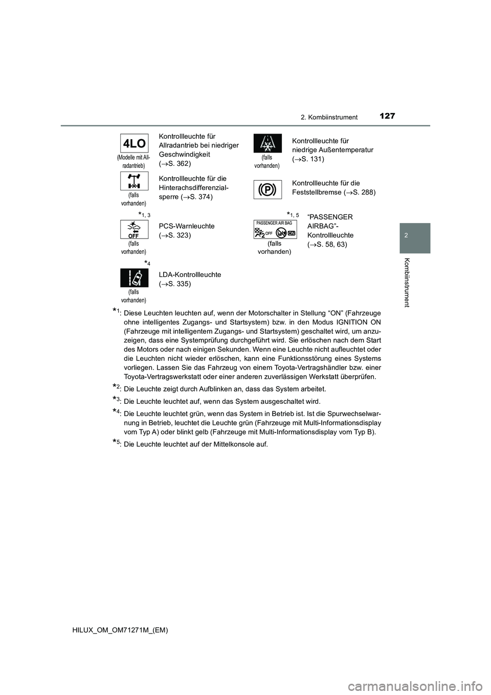 TOYOTA HILUX 2018  Betriebsanleitungen (in German) 1272. Kombiinstrument
2
Kombiinstrument
HILUX_OM_OM71271M_(EM)
*1: Diese Leuchten leuchten auf, wenn der Motorschalter in Stellung “ON” (Fahrzeuge 
ohne intelligentes Zugangs- und Startsystem) bzw