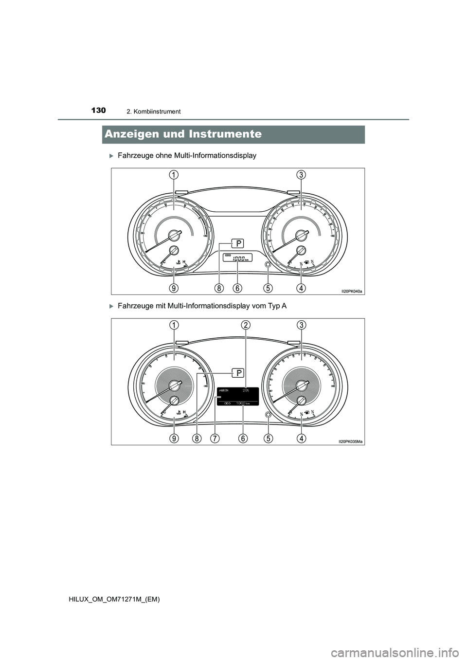 TOYOTA HILUX 2018 Betriebsanleitungen (in German) 1302. Kombiinstrument
HILUX_OM_OM71271M_(EM)
Anzeigen und Instrumente
Fahrzeuge ohne Multi-Informationsdisplay
Fahrzeuge mit Multi-Informationsdisplay vom Typ A TOYOTA HILUX 2018 Betriebsanleitungen (in German) 1302. Kombiinstrument
HILUX_OM_OM71271M_(EM)
Anzeigen und Instrumente
Fahrzeuge ohne Multi-Informationsdisplay
Fahrzeuge mit Multi-Informationsdisplay vom Typ A