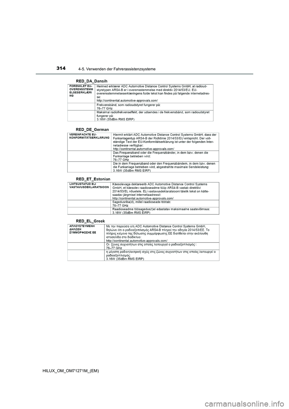 TOYOTA HILUX 2018  Betriebsanleitungen (in German) 3144-5. Verwenden der Fahrerassistenzsysteme
HILUX_OM_OM71271M_(EM) 