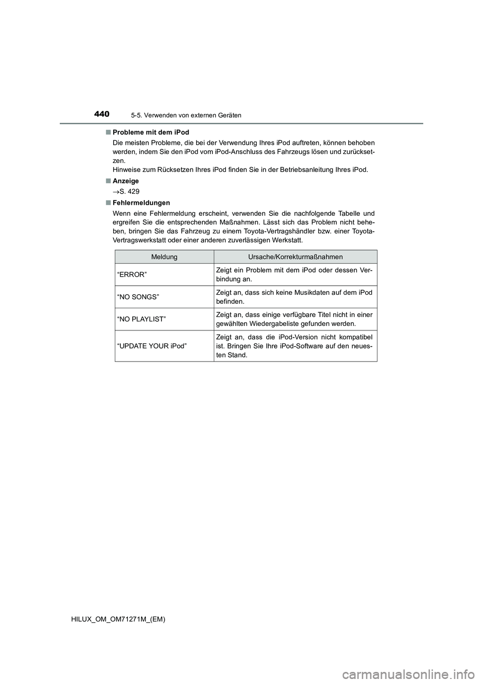 TOYOTA HILUX 2018 Betriebsanleitungen (in German) 4405-5. Verwenden von externen Geräten
HILUX_OM_OM71271M_(EM)■Probleme mit dem iPod
Die meisten Probleme, die bei der Verwendung Ihres iPod auftreten, können behoben
werden, indem Sie den iPod vom TOYOTA HILUX 2018 Betriebsanleitungen (in German) 4405-5. Verwenden von externen Geräten
HILUX_OM_OM71271M_(EM)■Probleme mit dem iPod
Die meisten Probleme, die bei der Verwendung Ihres iPod auftreten, können behoben
werden, indem Sie den iPod vom