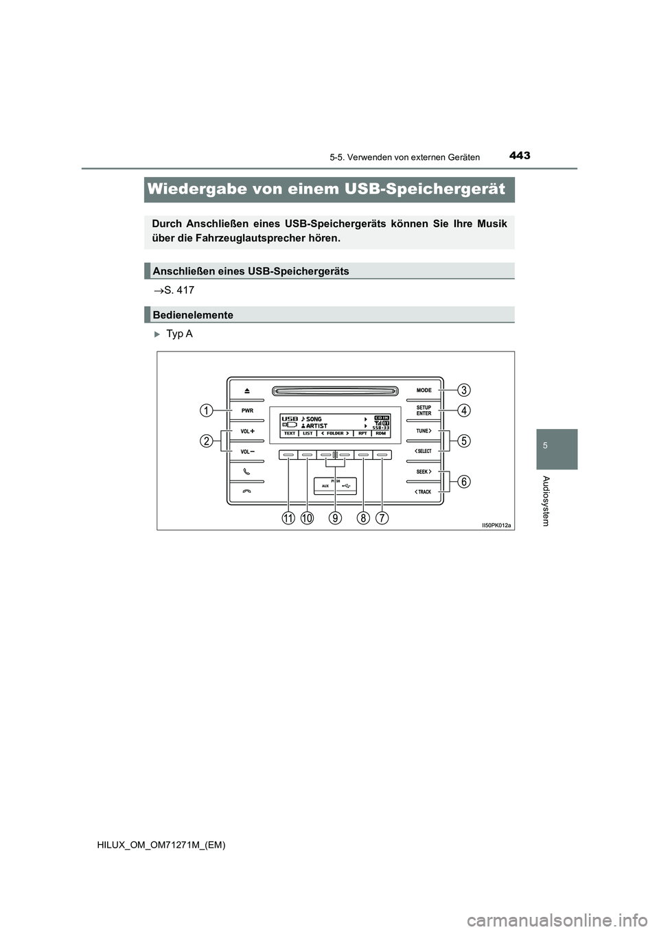 TOYOTA HILUX 2018 Betriebsanleitungen (in German) 443
5
5-5. Verwenden von externen Geräten
Audiosystem
HILUX_OM_OM71271M_(EM)
Wiedergabe von einem USB-Speichergerät
S. 417
Ty p A
Durch Anschließen eines USB-Speichergeräts können Sie Ihr TOYOTA HILUX 2018 Betriebsanleitungen (in German) 443
5
5-5. Verwenden von externen Geräten
Audiosystem
HILUX_OM_OM71271M_(EM)
Wiedergabe von einem USB-Speichergerät
S. 417
Ty p A
Durch Anschließen eines USB-Speichergeräts können Sie Ihr