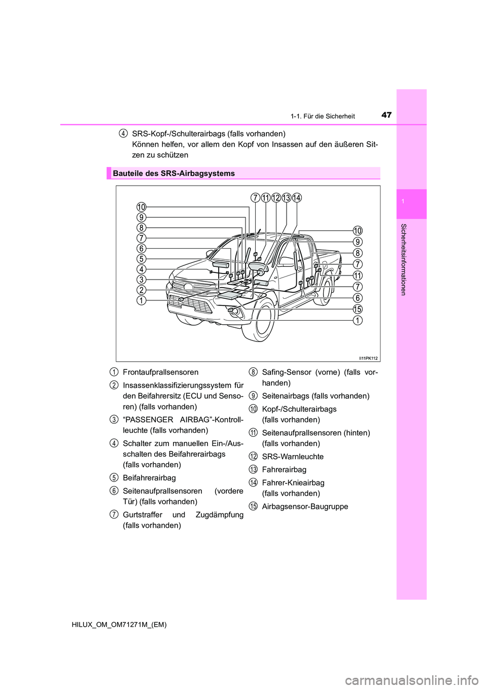 TOYOTA HILUX 2018 Betriebsanleitungen (in German) 471-1. Für die Sicherheit
1
HILUX_OM_OM71271M_(EM)
Sicherheitsinformationen
SRS-Kopf-/Schulterairbags (falls vorhanden)
Können helfen, vor allem den Kopf von Insassen auf den äußeren Sit-
zen z TOYOTA HILUX 2018 Betriebsanleitungen (in German) 471-1. Für die Sicherheit
1
HILUX_OM_OM71271M_(EM)
Sicherheitsinformationen
SRS-Kopf-/Schulterairbags (falls vorhanden)
Können helfen, vor allem den Kopf von Insassen auf den äußeren Sit-
zen z