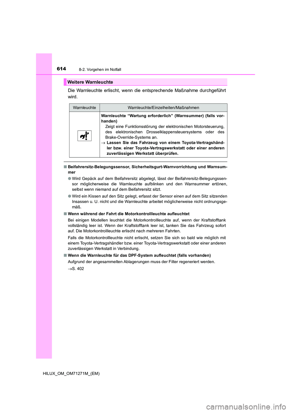 TOYOTA HILUX 2018  Betriebsanleitungen (in German) 6148-2. Vorgehen im Notfall
HILUX_OM_OM71271M_(EM)
Die Warnleuchte erlischt, wenn die entsprechende Maßnahme durchgeführt 
wird.
■ Beifahrersitz-Belegungssensor, Sicherheitsgurt-Warnvorrichtung un
