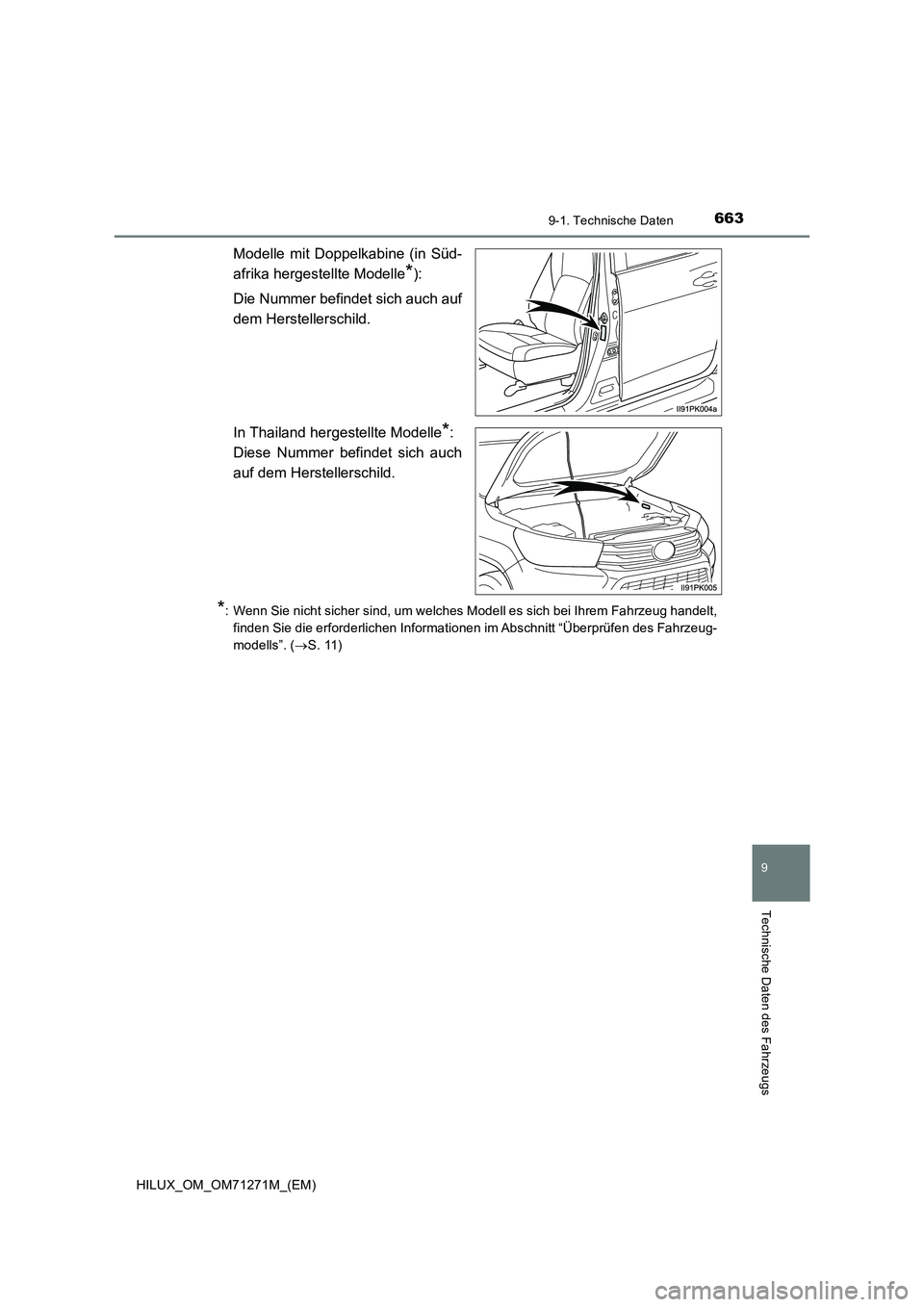 TOYOTA HILUX 2018 Betriebsanleitungen (in German) 663
9
9-1. Technische Daten
Technische Daten des Fahrzeugs
HILUX_OM_OM71271M_(EM)
Modelle mit Doppelkabine (in Süd-
afrika hergestellte Modelle
*):
Die Nummer befindet sich auch auf
dem Herstellersch TOYOTA HILUX 2018 Betriebsanleitungen (in German) 663
9
9-1. Technische Daten
Technische Daten des Fahrzeugs
HILUX_OM_OM71271M_(EM)
Modelle mit Doppelkabine (in Süd-
afrika hergestellte Modelle
*):
Die Nummer befindet sich auch auf
dem Herstellersch
