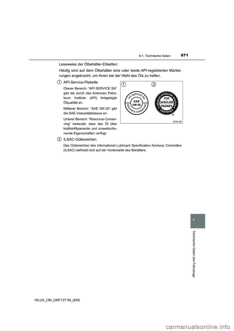TOYOTA HILUX 2018 Betriebsanleitungen (in German) 671
9
9-1. Technische Daten
Technische Daten des Fahrzeugs
HILUX_OM_OM71271M_(EM)
Leseweise der Ölbehälter-Etiketten:
Häufig sind auf dem Ölbehälter eine oder beide API-registrierten Markie-
rung TOYOTA HILUX 2018 Betriebsanleitungen (in German) 671
9
9-1. Technische Daten
Technische Daten des Fahrzeugs
HILUX_OM_OM71271M_(EM)
Leseweise der Ölbehälter-Etiketten:
Häufig sind auf dem Ölbehälter eine oder beide API-registrierten Markie-
rung