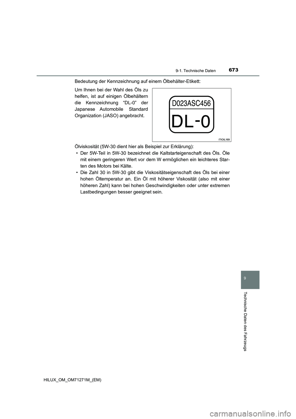 TOYOTA HILUX 2018 Betriebsanleitungen (in German) 673
9
9-1. Technische Daten
Technische Daten des Fahrzeugs
HILUX_OM_OM71271M_(EM)
Bedeutung der Kennzeichnung auf einem Ölbehälter-Etikett:
Um Ihnen bei der Wahl des Öls zu
helfen, ist auf einigen TOYOTA HILUX 2018 Betriebsanleitungen (in German) 673
9
9-1. Technische Daten
Technische Daten des Fahrzeugs
HILUX_OM_OM71271M_(EM)
Bedeutung der Kennzeichnung auf einem Ölbehälter-Etikett:
Um Ihnen bei der Wahl des Öls zu
helfen, ist auf einigen