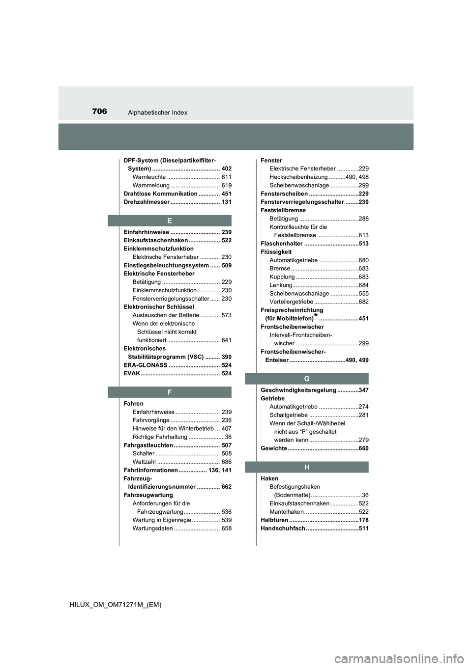 TOYOTA HILUX 2018 Betriebsanleitungen (in German) 706Alphabetischer Index
HILUX_OM_OM71271M_(EM)
DPF-System (Dieselpartikelfilter-
System) ......................................... 402
Warnleuchte ................................ 611
Warnmeldung .... TOYOTA HILUX 2018 Betriebsanleitungen (in German) 706Alphabetischer Index
HILUX_OM_OM71271M_(EM)
DPF-System (Dieselpartikelfilter-
System) ......................................... 402
Warnleuchte ................................ 611
Warnmeldung ....