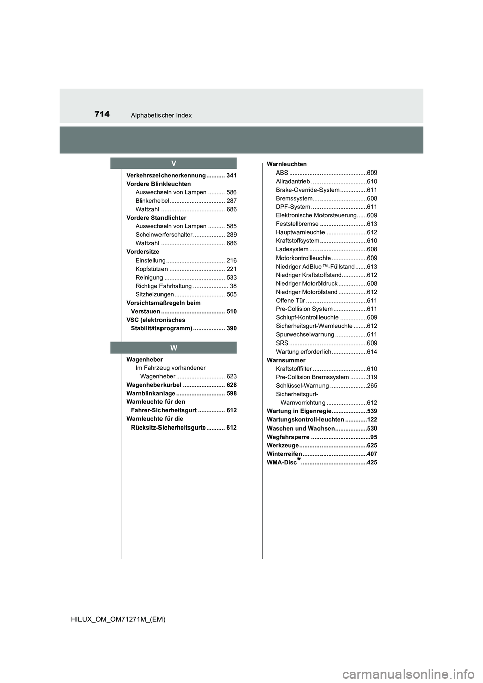 TOYOTA HILUX 2018  Betriebsanleitungen (in German) 714Alphabetischer Index
HILUX_OM_OM71271M_(EM)
Verkehrszeichenerkennung ........... 341
Vordere Blinkleuchten
Auswechseln von Lampen .......... 586
Blinkerhebel................................. 287
Wa