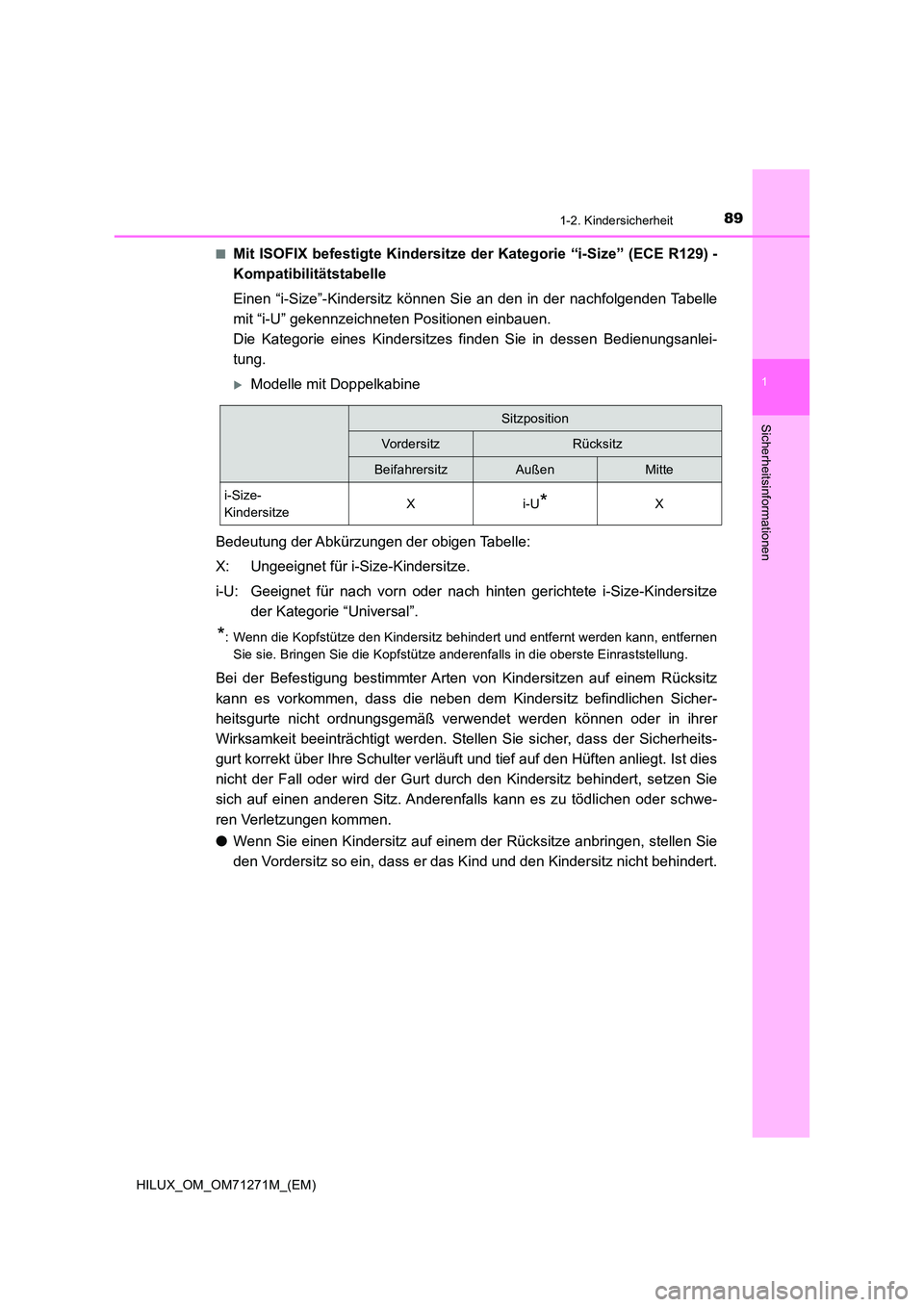 TOYOTA HILUX 2018 Betriebsanleitungen (in German) 891-2. Kindersicherheit
1
HILUX_OM_OM71271M_(EM)
Sicherheitsinformationen
■Mit ISOFIX befestigte Kindersitze der Kategorie “i-Size” (ECE R129) -
Kompatibilitätstabelle
Einen “i-Size”-Kind TOYOTA HILUX 2018 Betriebsanleitungen (in German) 891-2. Kindersicherheit
1
HILUX_OM_OM71271M_(EM)
Sicherheitsinformationen
■Mit ISOFIX befestigte Kindersitze der Kategorie “i-Size” (ECE R129) -
Kompatibilitätstabelle
Einen “i-Size”-Kind