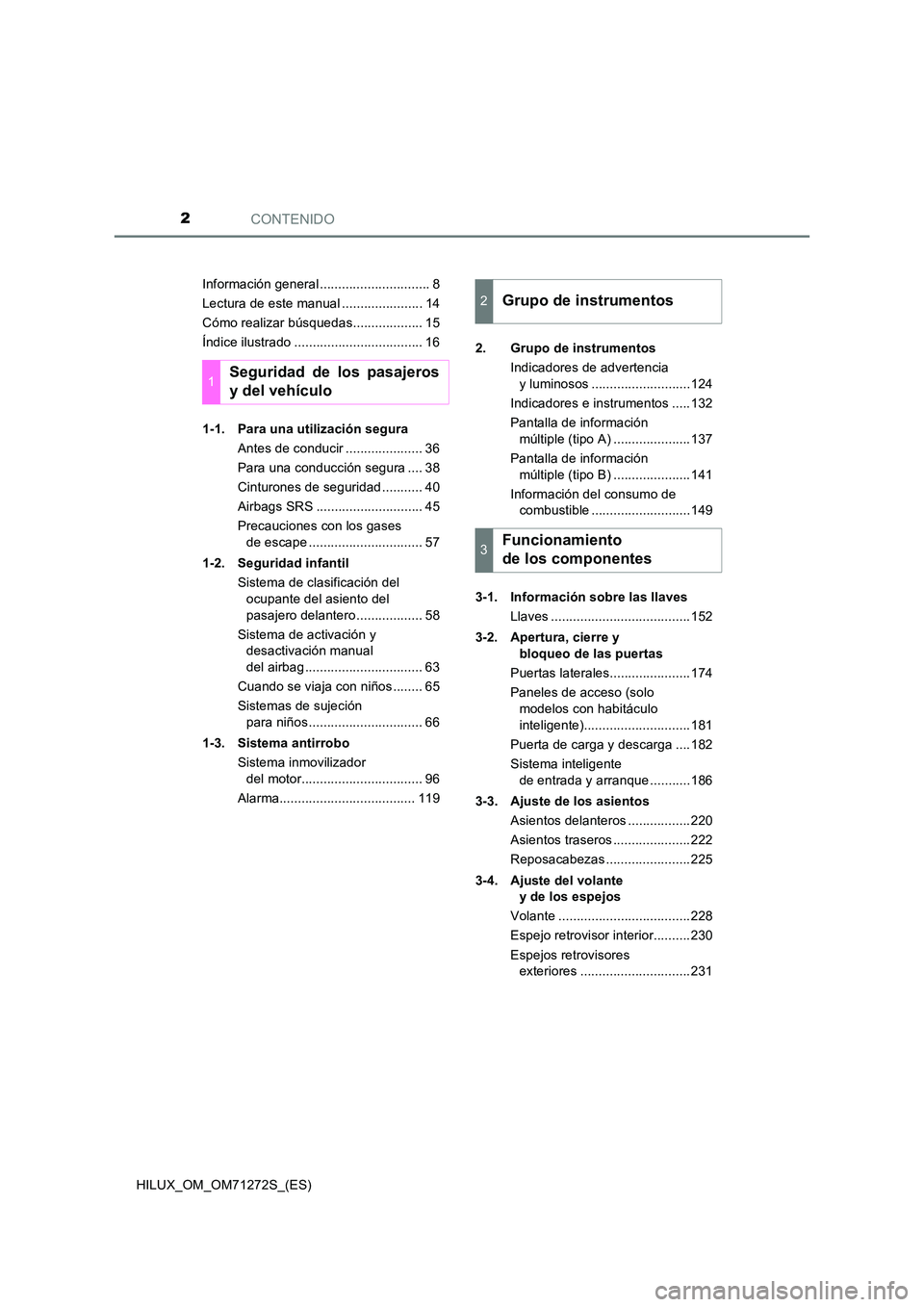 TOYOTA HILUX 2018  Manual del propietario (in Spanish) CONTENIDO2
HILUX_OM_OM71272S_(ES) 
Información general .............................. 8 
Lectura de este manual ...................... 14
Cómo realizar búsquedas................... 15
Índice ilust