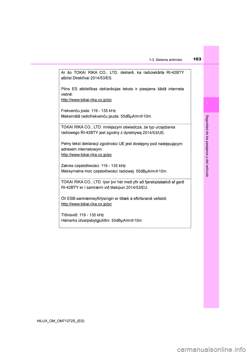 TOYOTA HILUX 2018 Manual del propietario (in Spanish) 1031-3. Sistema antirrobo
1
HILUX_OM_OM71272S_(ES)
Seguridad de los pasajeros y del vehículo TOYOTA HILUX 2018 Manual del propietario (in Spanish) 1031-3. Sistema antirrobo
1
HILUX_OM_OM71272S_(ES)
Seguridad de los pasajeros y del vehículo