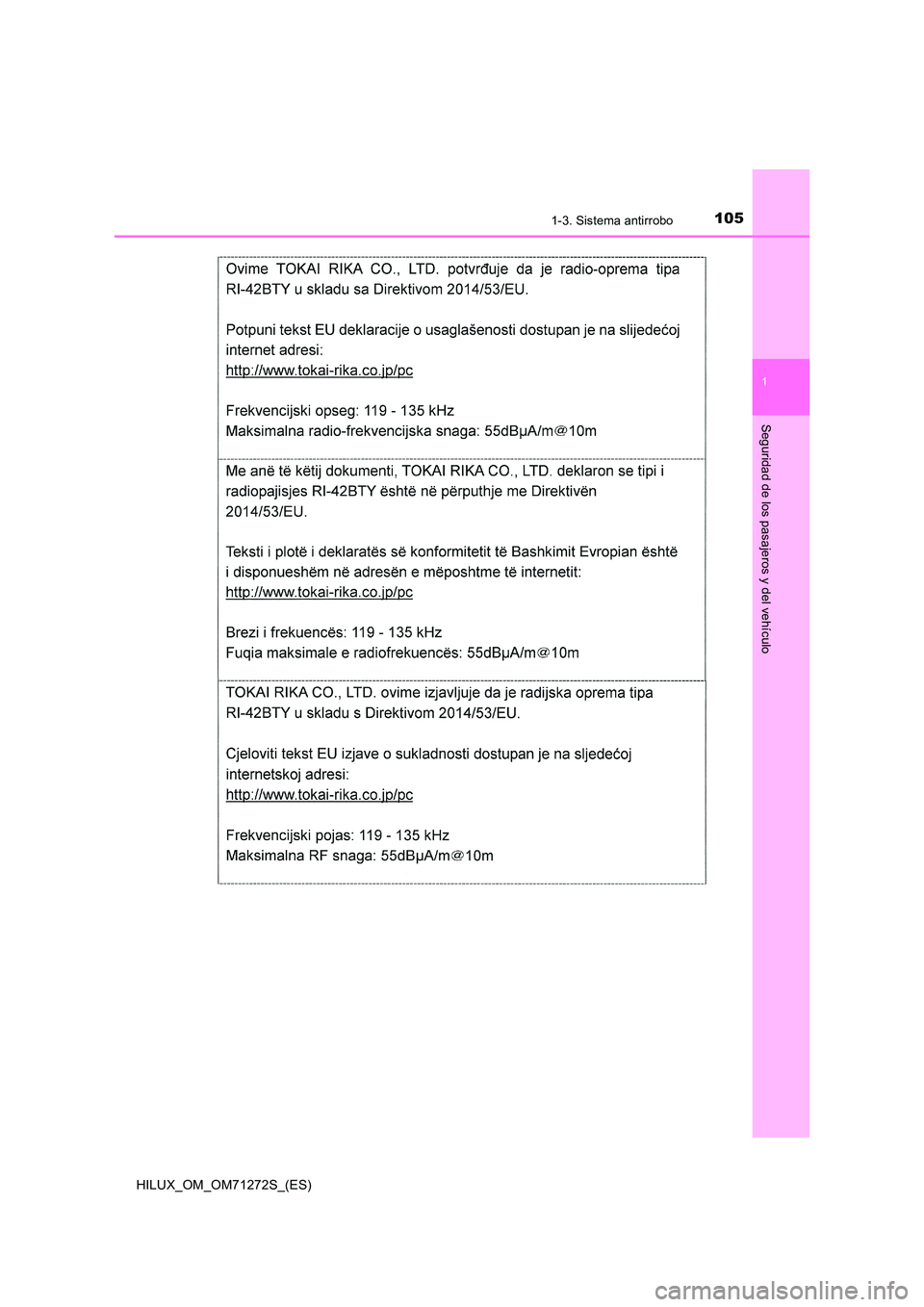 TOYOTA HILUX 2018 Manual del propietario (in Spanish) 1051-3. Sistema antirrobo
1
HILUX_OM_OM71272S_(ES)
Seguridad de los pasajeros y del vehículo TOYOTA HILUX 2018 Manual del propietario (in Spanish) 1051-3. Sistema antirrobo
1
HILUX_OM_OM71272S_(ES)
Seguridad de los pasajeros y del vehículo
