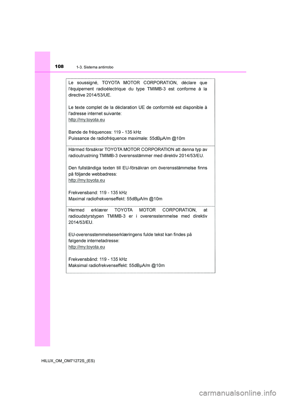 TOYOTA HILUX 2018 Manual del propietario (in Spanish) 1081-3. Sistema antirrobo
HILUX_OM_OM71272S_(ES) TOYOTA HILUX 2018 Manual del propietario (in Spanish) 1081-3. Sistema antirrobo
HILUX_OM_OM71272S_(ES)
