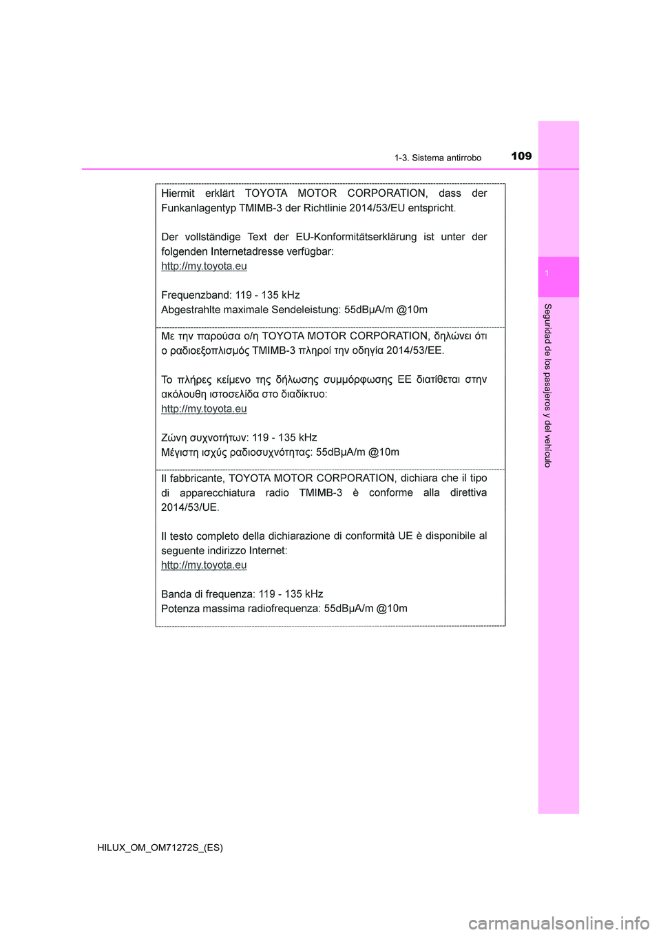 TOYOTA HILUX 2018 Manual del propietario (in Spanish) 1091-3. Sistema antirrobo
1
HILUX_OM_OM71272S_(ES)
Seguridad de los pasajeros y del vehículo TOYOTA HILUX 2018 Manual del propietario (in Spanish) 1091-3. Sistema antirrobo
1
HILUX_OM_OM71272S_(ES)
Seguridad de los pasajeros y del vehículo
