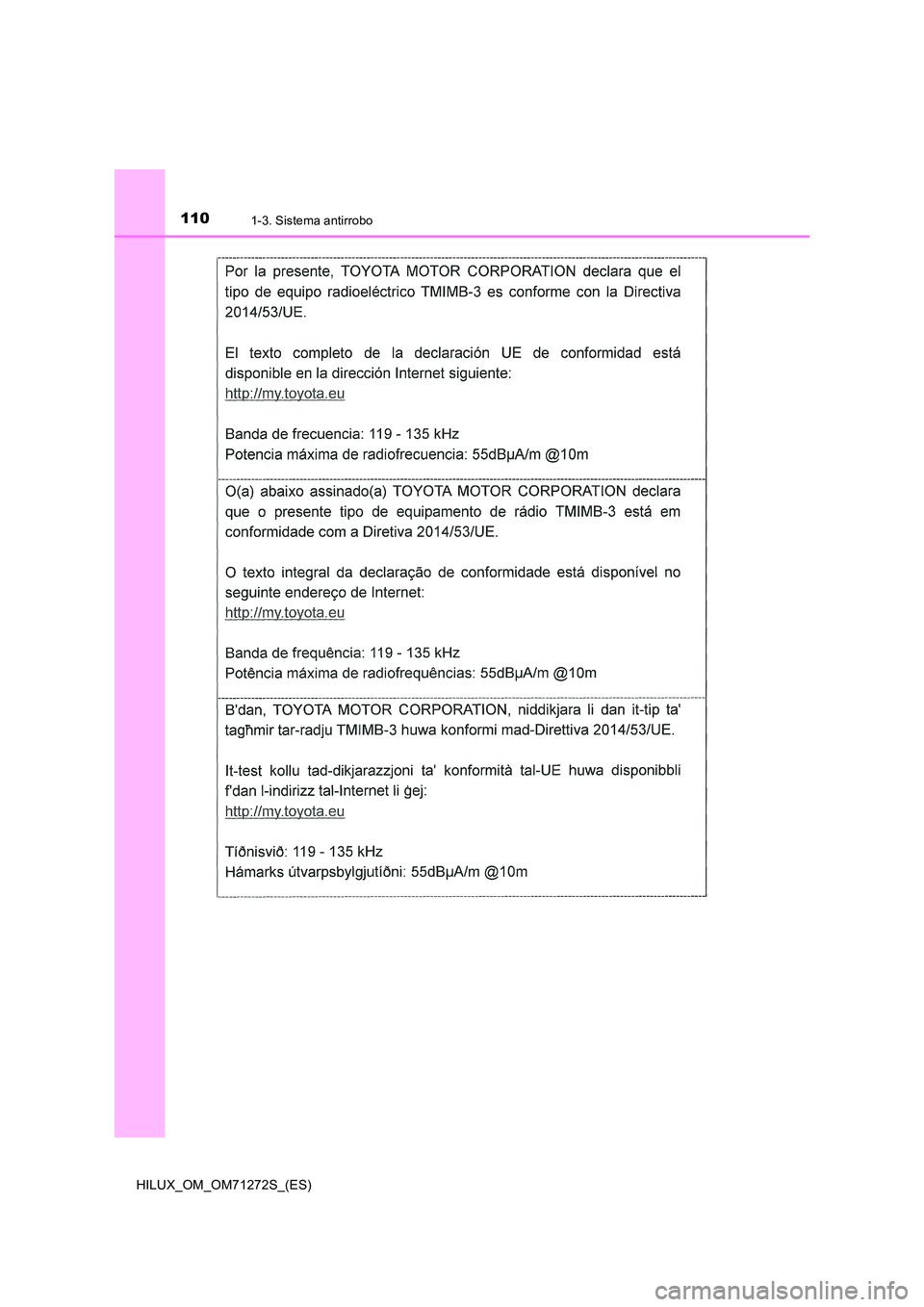 TOYOTA HILUX 2018 Manual del propietario (in Spanish) 1101-3. Sistema antirrobo
HILUX_OM_OM71272S_(ES) TOYOTA HILUX 2018 Manual del propietario (in Spanish) 1101-3. Sistema antirrobo
HILUX_OM_OM71272S_(ES)