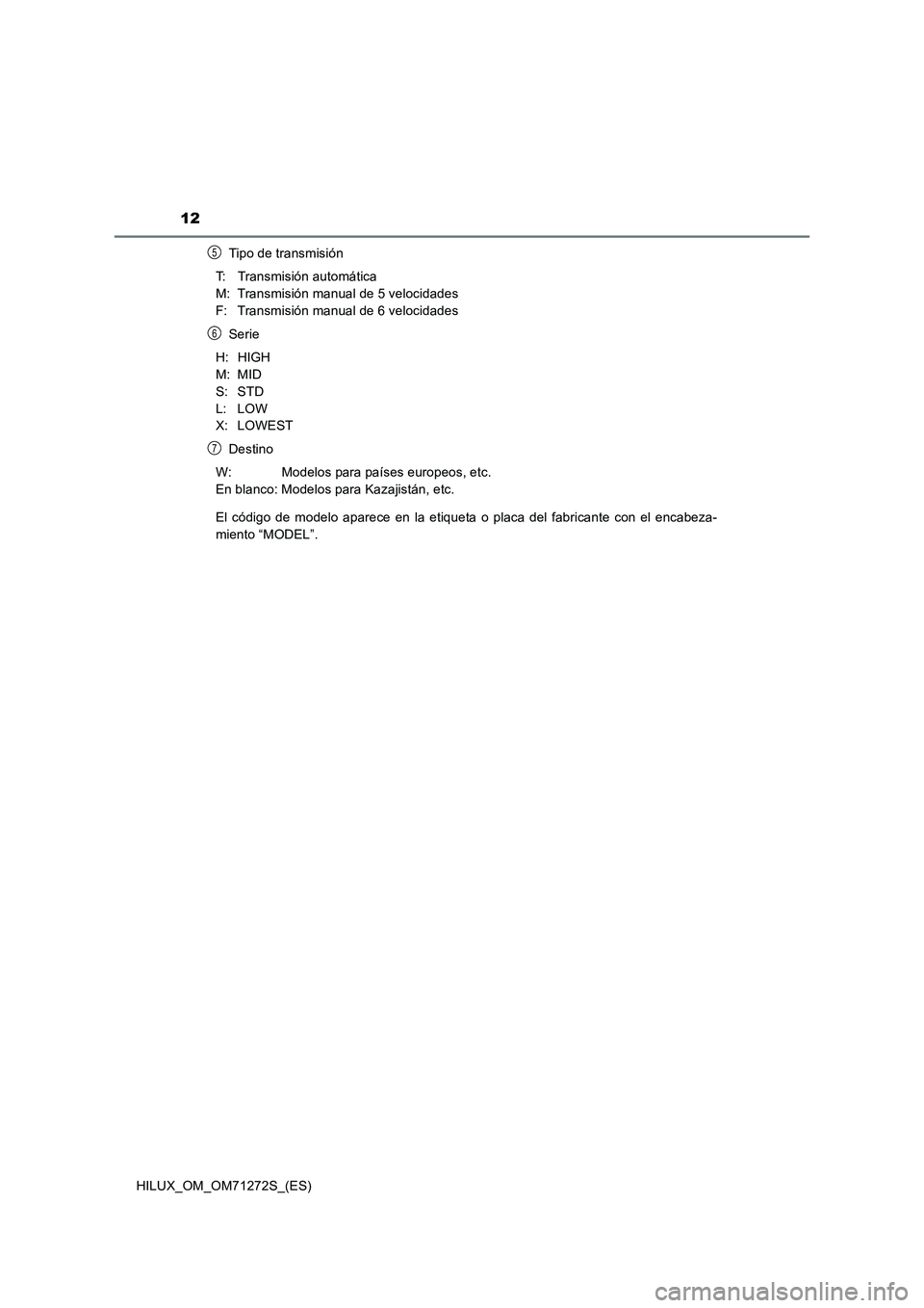 TOYOTA HILUX 2018 Manual del propietario (in Spanish) 12
HILUX_OM_OM71272S_(ES)Tipo de transmisión
T: Transmisión automática
M: Transmisión manual de 5 velocidades
F: Transmisión manual de 6 velocidades
Serie
H: HIGH
M: MID
S: STD
L: LOW
X: LOWEST
D TOYOTA HILUX 2018 Manual del propietario (in Spanish) 12
HILUX_OM_OM71272S_(ES)Tipo de transmisión
T: Transmisión automática
M: Transmisión manual de 5 velocidades
F: Transmisión manual de 6 velocidades
Serie
H: HIGH
M: MID
S: STD
L: LOW
X: LOWEST
D