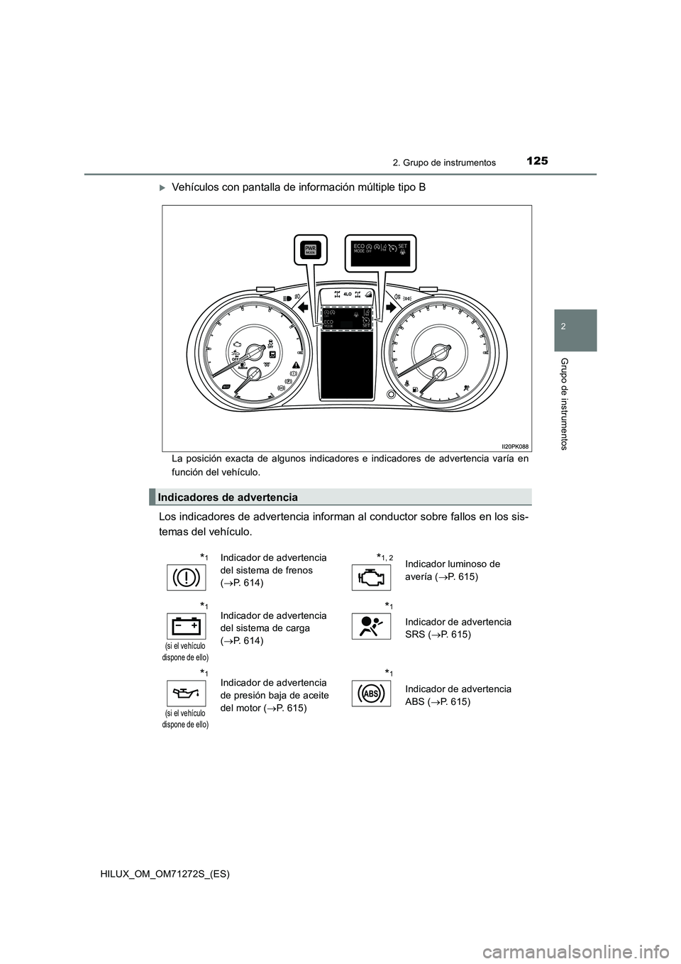 TOYOTA HILUX 2018  Manual del propietario (in Spanish) 1252. Grupo de instrumentos
2
Grupo de instrumentos
HILUX_OM_OM71272S_(ES)
Vehículos con pantalla de información múltiple tipo B
La posición exacta de algunos indicadores e indicadores de adver