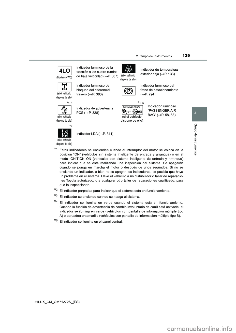 TOYOTA HILUX 2018  Manual del propietario (in Spanish) 1292. Grupo de instrumentos
2
Grupo de instrumentos
HILUX_OM_OM71272S_(ES)
*1: Estos indicadores se encienden cuando el interruptor del motor se coloca en la 
posición “ON” (vehículos sin sistem