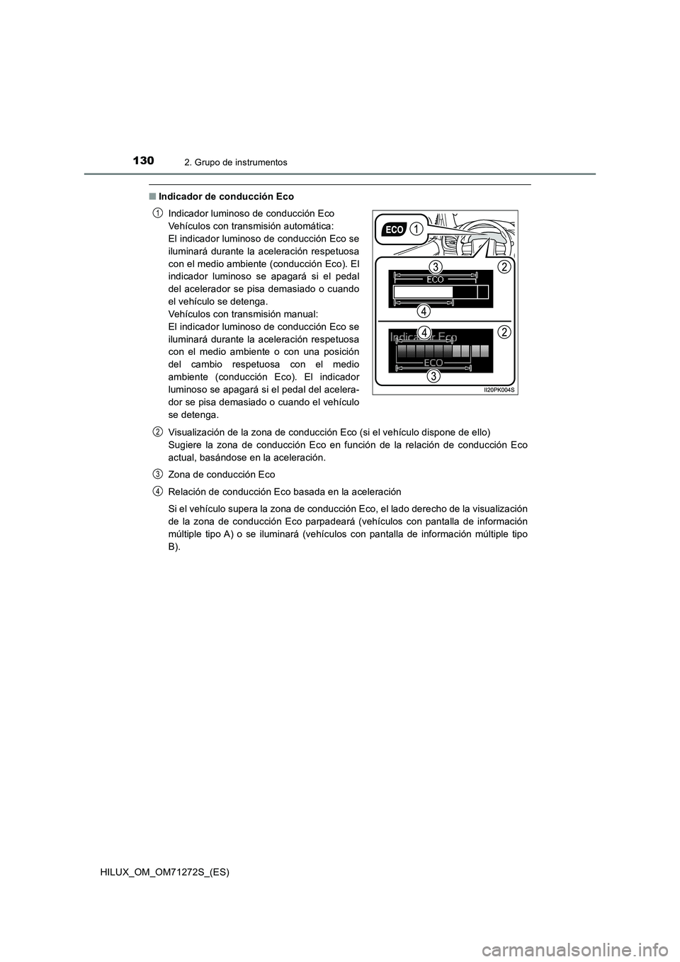 TOYOTA HILUX 2018  Manual del propietario (in Spanish) 1302. Grupo de instrumentos
HILUX_OM_OM71272S_(ES)
■Indicador de conducción Eco
Visualización de la zona de conducción Eco (si el vehículo dispone de ello) 
Sugiere la zona de conducción Eco en