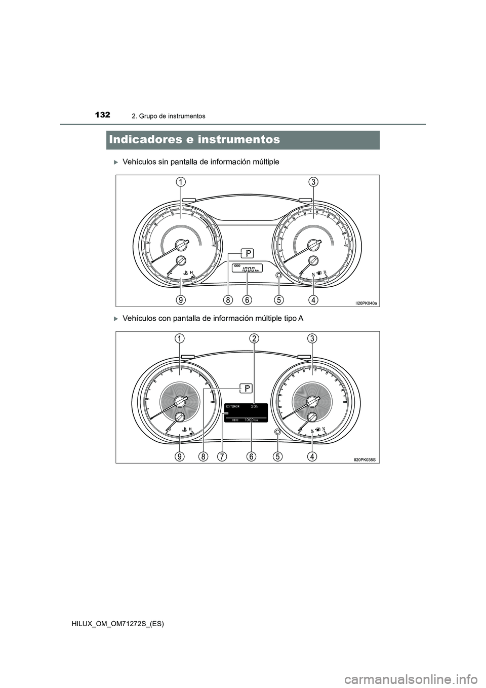 TOYOTA HILUX 2018 Manual del propietario (in Spanish) 1322. Grupo de instrumentos
HILUX_OM_OM71272S_(ES)
Indicadores e instrumentos
Vehículos sin pantalla de información múltiple
Vehículos con pantalla de información múltiple tipo A TOYOTA HILUX 2018 Manual del propietario (in Spanish) 1322. Grupo de instrumentos
HILUX_OM_OM71272S_(ES)
Indicadores e instrumentos
Vehículos sin pantalla de información múltiple
Vehículos con pantalla de información múltiple tipo A