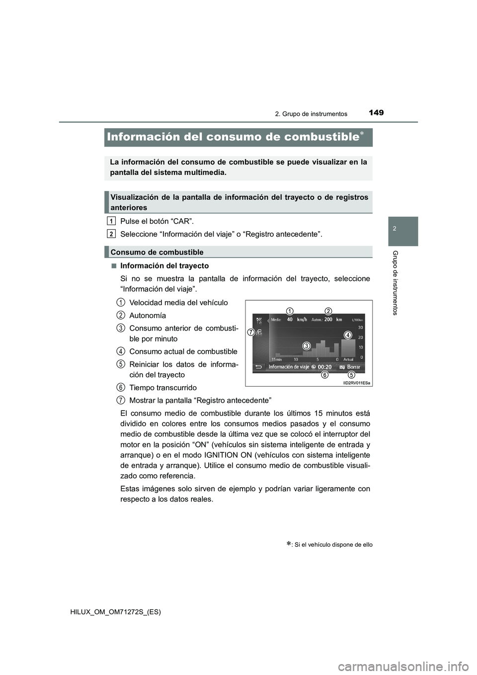 TOYOTA HILUX 2018 Manual del propietario (in Spanish) 149
2
2. Grupo de instrumentos
Grupo de instrumentos
HILUX_OM_OM71272S_(ES)
Información del consumo de combustible
Pulse el botón “CAR”.
Seleccione “Información del viaje” o “Registro TOYOTA HILUX 2018 Manual del propietario (in Spanish) 149
2
2. Grupo de instrumentos
Grupo de instrumentos
HILUX_OM_OM71272S_(ES)
Información del consumo de combustible
Pulse el botón “CAR”.
Seleccione “Información del viaje” o “Registro