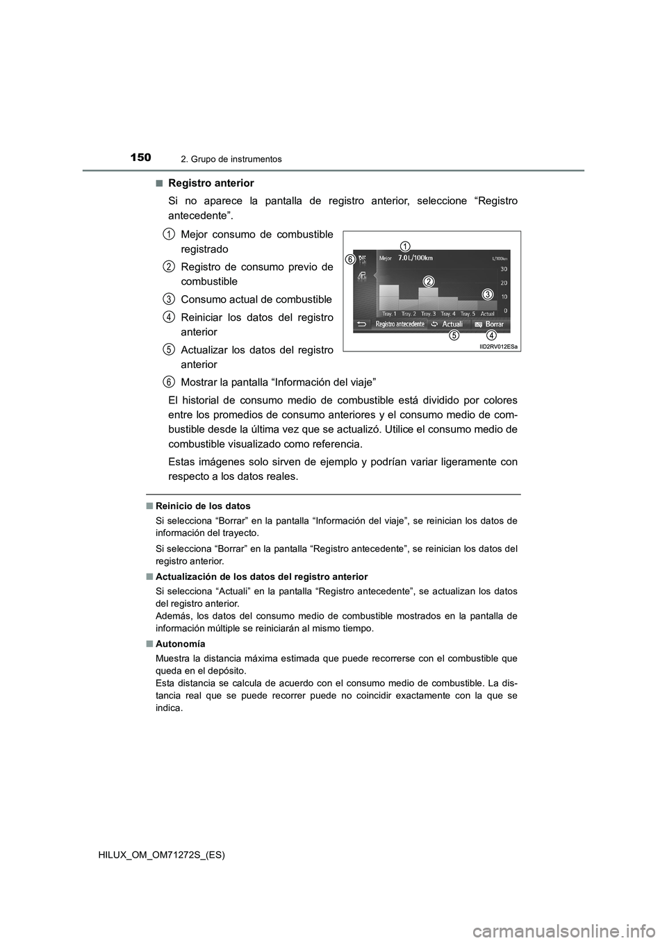 TOYOTA HILUX 2018 Manual del propietario (in Spanish) 1502. Grupo de instrumentos
HILUX_OM_OM71272S_(ES)■
Registro anterior
Si no aparece la pantalla de registro anterior, seleccione “Registro
antecedente”.
Mejor consumo de combustible
registrado
R TOYOTA HILUX 2018 Manual del propietario (in Spanish) 1502. Grupo de instrumentos
HILUX_OM_OM71272S_(ES)■
Registro anterior
Si no aparece la pantalla de registro anterior, seleccione “Registro
antecedente”.
Mejor consumo de combustible
registrado
R