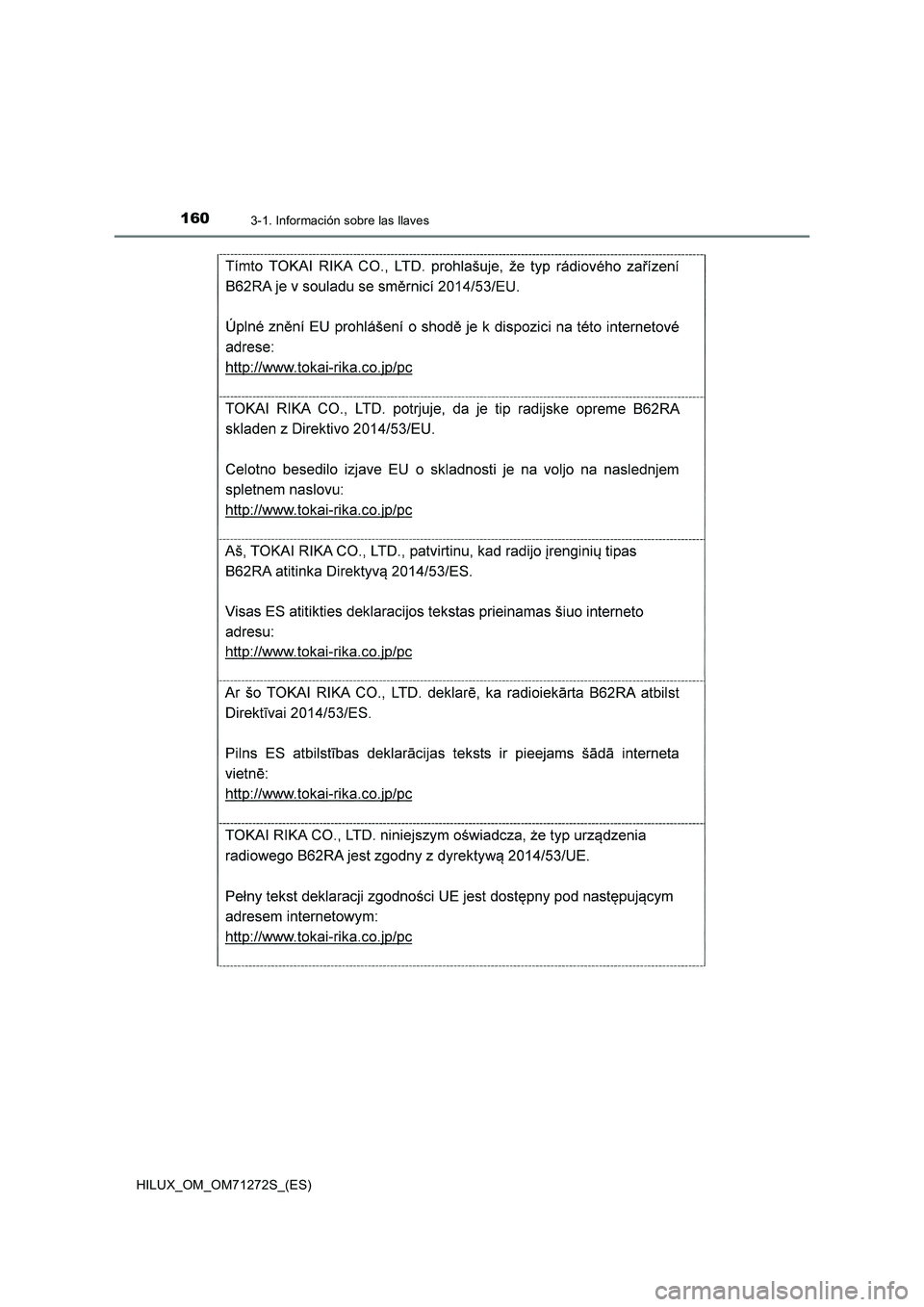 TOYOTA HILUX 2018 Manual del propietario (in Spanish) 1603-1. Información sobre las llaves
HILUX_OM_OM71272S_(ES) TOYOTA HILUX 2018 Manual del propietario (in Spanish) 1603-1. Información sobre las llaves
HILUX_OM_OM71272S_(ES)
