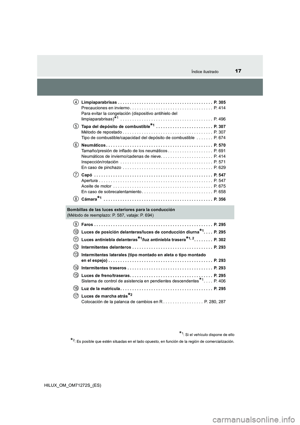 TOYOTA HILUX 2018 Manual del propietario (in Spanish) 17Índice ilustrado
HILUX_OM_OM71272S_(ES)Limpiaparabrisas . . . . . . . . . . . . . . . . . . . . . . . . . . . . . . . . . . . . . . . . P. 305
Precauciones en invierno . . . . . . . . . . . . . . TOYOTA HILUX 2018 Manual del propietario (in Spanish) 17Índice ilustrado
HILUX_OM_OM71272S_(ES)Limpiaparabrisas . . . . . . . . . . . . . . . . . . . . . . . . . . . . . . . . . . . . . . . . P. 305
Precauciones en invierno . . . . . . . . . . . . . .