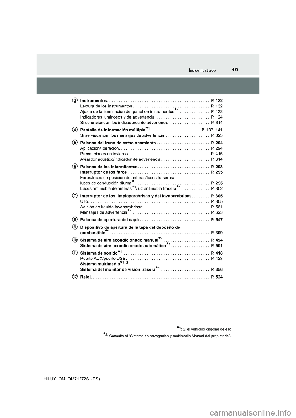 TOYOTA HILUX 2018 Manual del propietario (in Spanish) 19Índice ilustrado
HILUX_OM_OM71272S_(ES)Instrumentos. . . . . . . . . . . . . . . . . . . . . . . . . . . . . . . . . . . . . . . . . . . . P. 132
Lectura de los instrumentos . . . . . . . . . . . TOYOTA HILUX 2018 Manual del propietario (in Spanish) 19Índice ilustrado
HILUX_OM_OM71272S_(ES)Instrumentos. . . . . . . . . . . . . . . . . . . . . . . . . . . . . . . . . . . . . . . . . . . . P. 132
Lectura de los instrumentos . . . . . . . . . . .