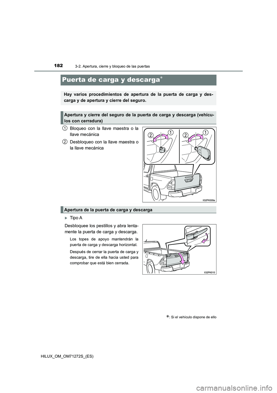 TOYOTA HILUX 2018 Manual del propietario (in Spanish) 1823-2. Apertura, cierre y bloqueo de las puertas
HILUX_OM_OM71272S_(ES)
Puerta de carga y descarga
Bloqueo con la llave maestra o la
llave mecánica
Desbloqueo con la llave maestra o
la llave mec TOYOTA HILUX 2018 Manual del propietario (in Spanish) 1823-2. Apertura, cierre y bloqueo de las puertas
HILUX_OM_OM71272S_(ES)
Puerta de carga y descarga
Bloqueo con la llave maestra o la
llave mecánica
Desbloqueo con la llave maestra o
la llave mec