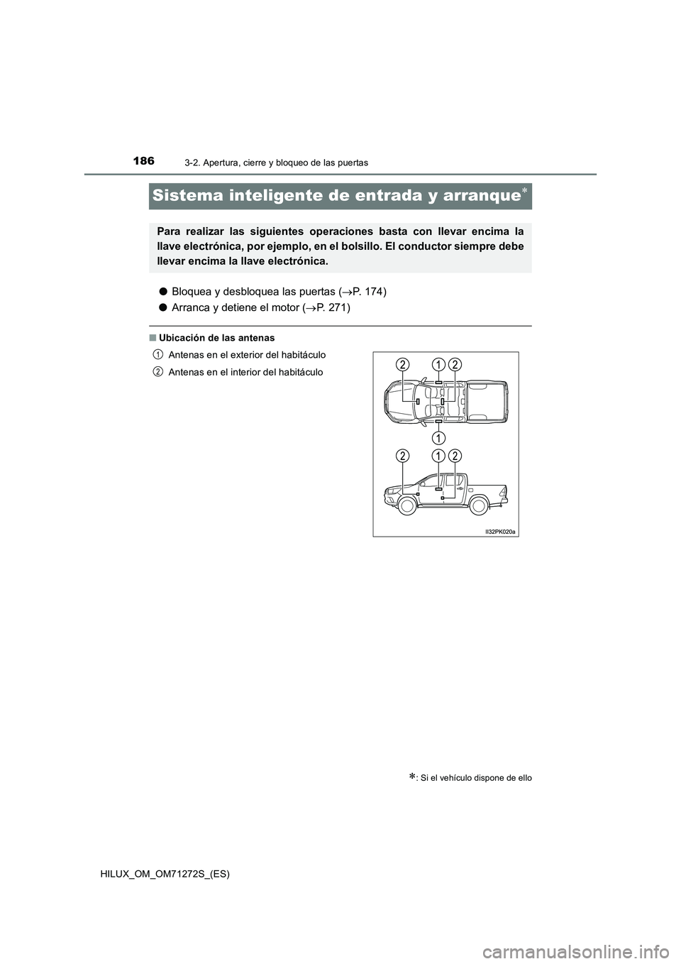 TOYOTA HILUX 2018 Manual del propietario (in Spanish) 1863-2. Apertura, cierre y bloqueo de las puertas
HILUX_OM_OM71272S_(ES)
Sistema inteligente de entrada y arranque
●Bloquea y desbloquea las puertas (P. 174)
● Arranca y detiene el motor ( TOYOTA HILUX 2018 Manual del propietario (in Spanish) 1863-2. Apertura, cierre y bloqueo de las puertas
HILUX_OM_OM71272S_(ES)
Sistema inteligente de entrada y arranque
●Bloquea y desbloquea las puertas (P. 174)
● Arranca y detiene el motor (
